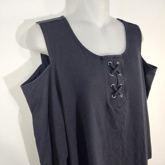 Susan Graver Weekend Top Large Stretch Cotton Modal Cold Shoulder Black A288476 - Picture 6 of 9